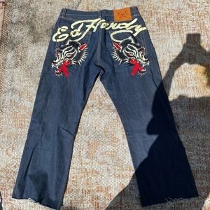 Vintage Ed Hardy 36x34 Christian Audigier Embroidered Wolf Denim Jeans Rare